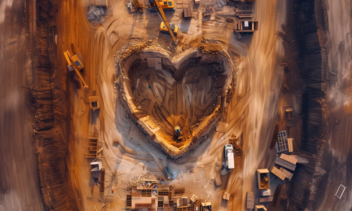 Billedet er en AI-illustration, der forestiller en hjerteformet byggeplads set ovenfra